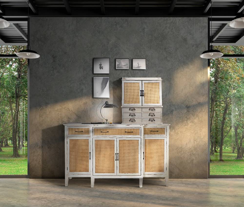 Novità Home Tonia - Credenza Bianco Antico - 3 Cassetti 4 Sportelli in Paglia Vienna Moda