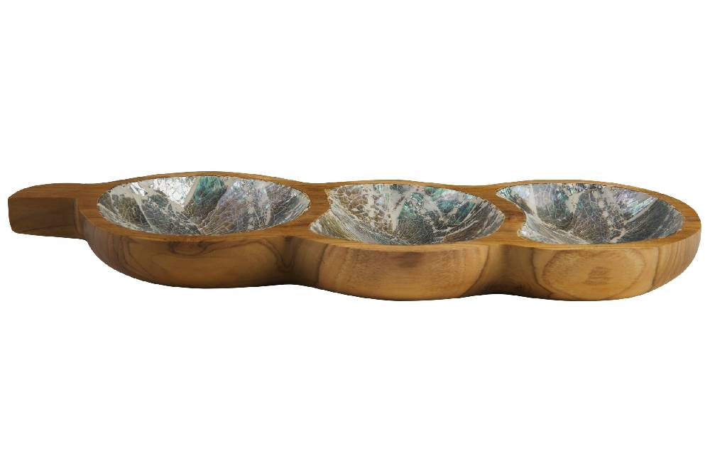 Novità Home Bartender - Ciotola Legno Tripla Forma Legume Con Abalone Nuovo
