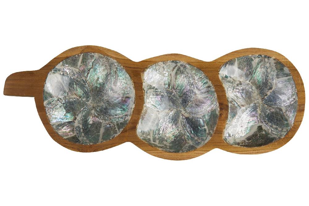 Novità Home Bartender - Ciotola Legno Tripla Forma Legume Con Abalone Nuovo