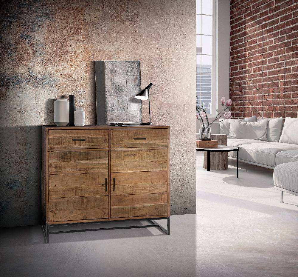 Novità Home Credenza alta 2 cassetti e sportelli in legno e metallo Sostegno trimestrale