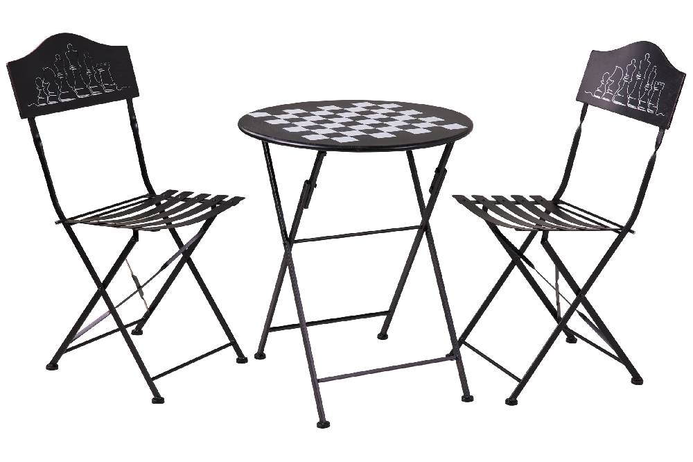 Novità Home Game - Set 1/3 Tavolino Nero Con Due Sedie Disegno Scacchiera Duty-free