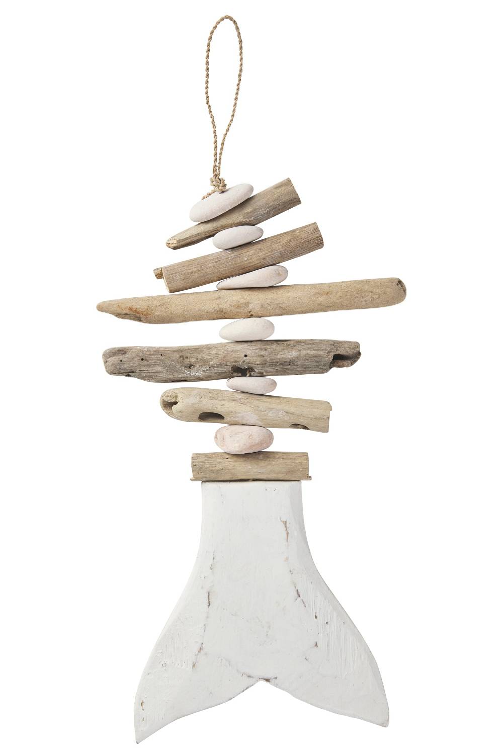 Novità Home Decor - Coda Pesce Bianca Con Legnetti Di Mare E Sassi Offerta speciale