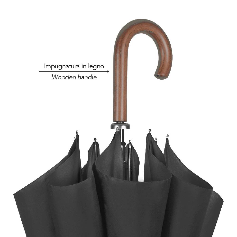 Perletti Ombrello Lungo Nero con Manico in Legno Moda