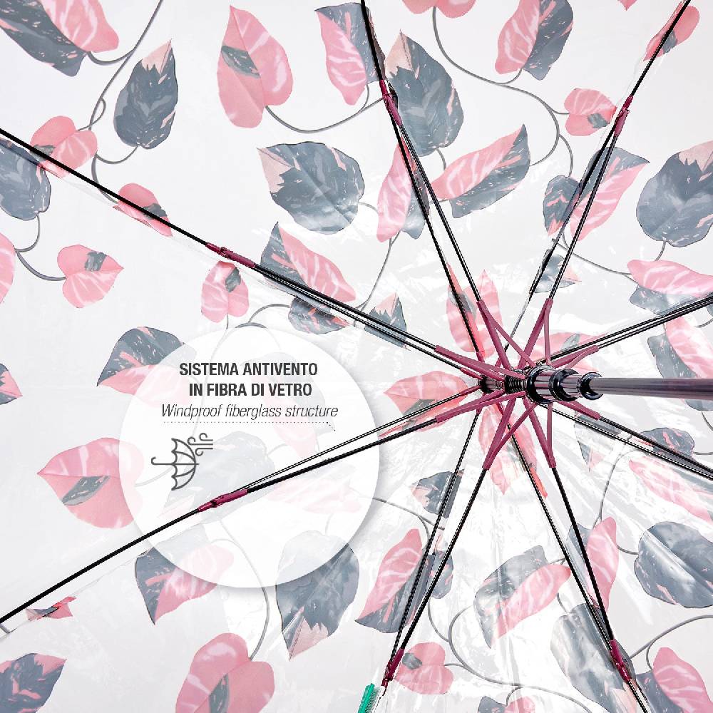 Perletti Ombrello Trasparente Foliage Rosa e Nero Moda
