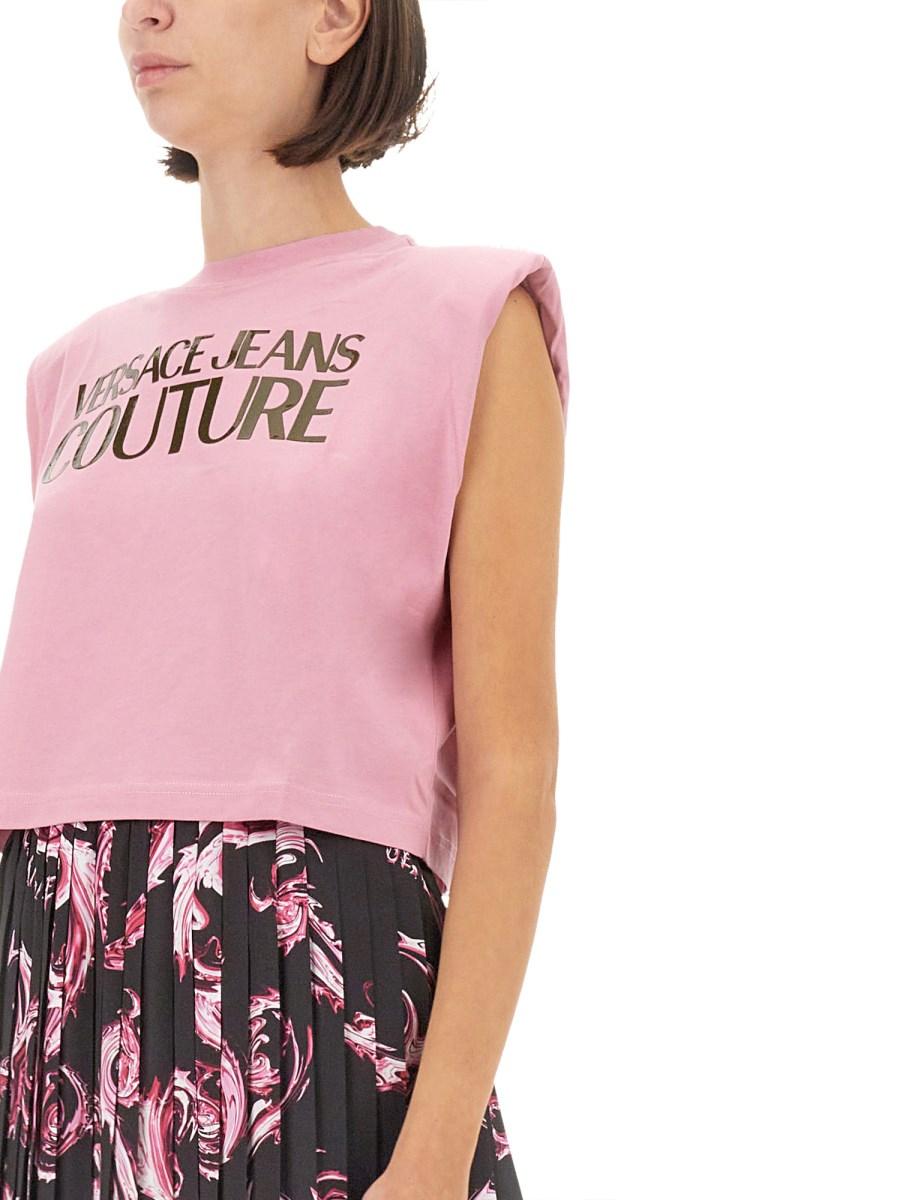 VERSACE JEANS COUTURE TOP IN JERSEY DI COTONE CON LOGO Nuovo