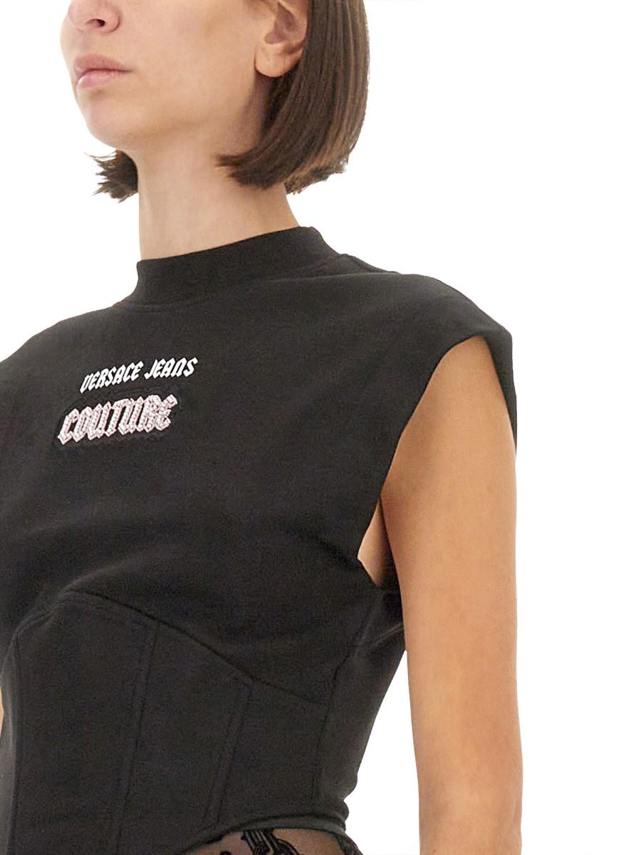 VERSACE JEANS COUTURE TOP IN JERSEY DI COTONE CON LOGO Vendita
