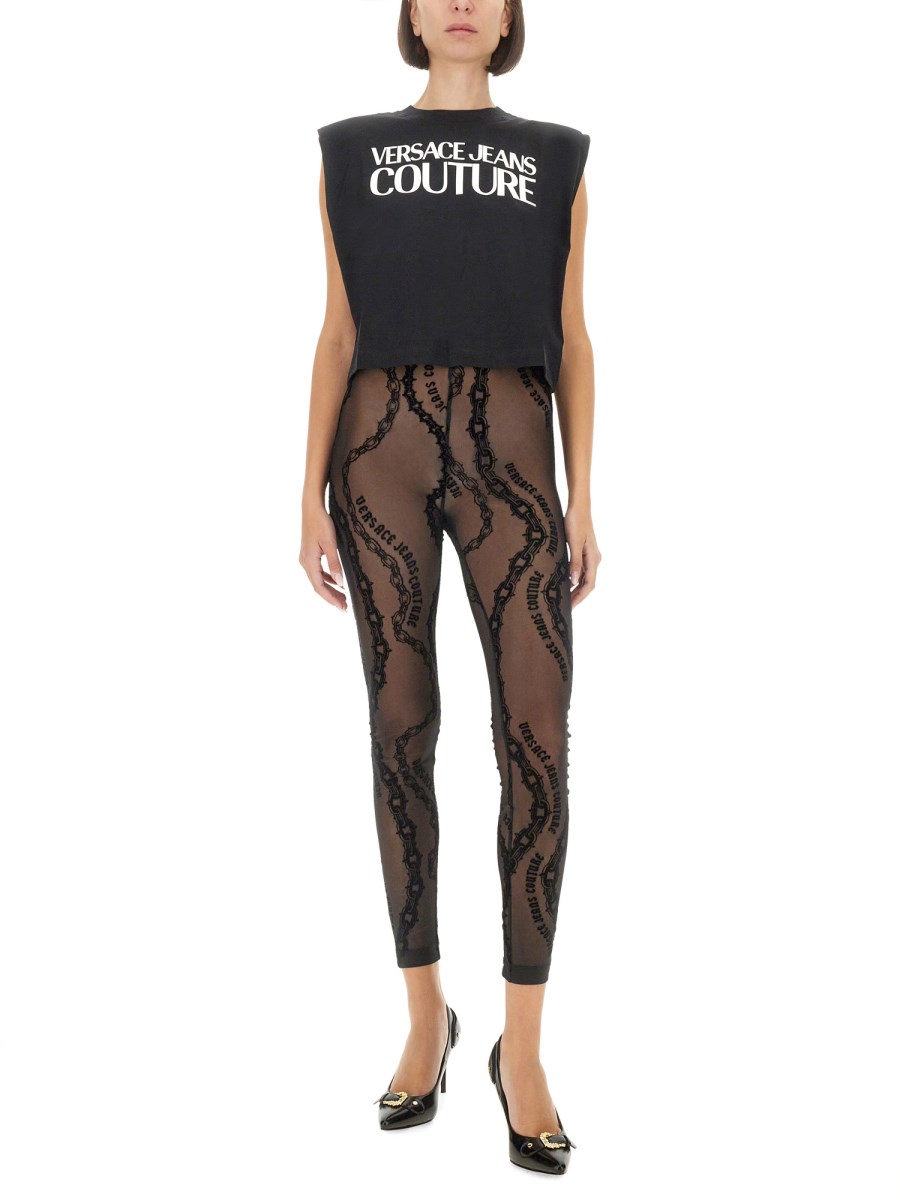 VERSACE JEANS COUTURE TOP IN JERSEY DI COTONE CON LOGO Spedizione Gratuita