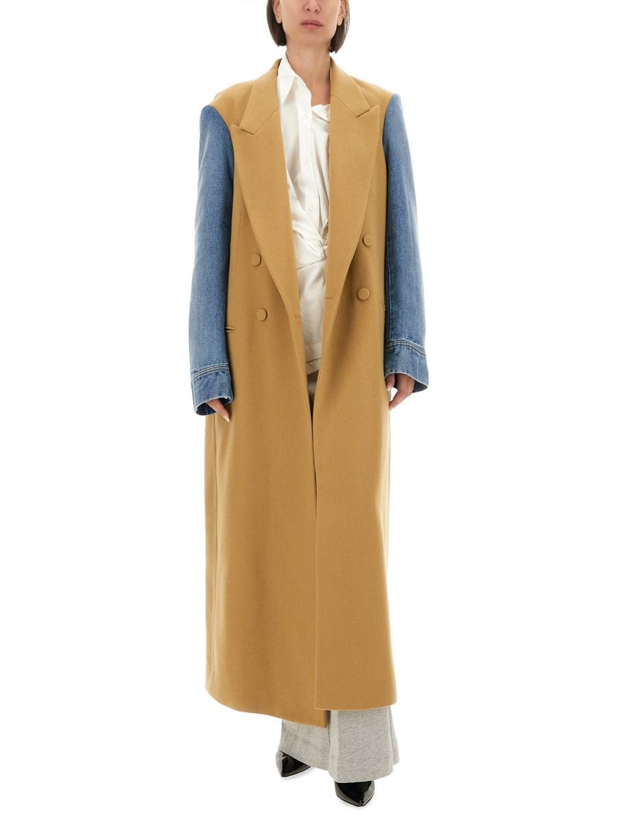 DRIES VAN NOTEN CAPPOTTO CON MANICHE DENIM IN GABARDINE DI LANA SPAZZOLATA Nuova