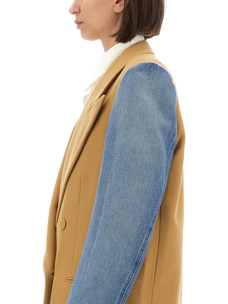DRIES VAN NOTEN CAPPOTTO CON MANICHE DENIM IN GABARDINE DI LANA SPAZZOLATA Nuova