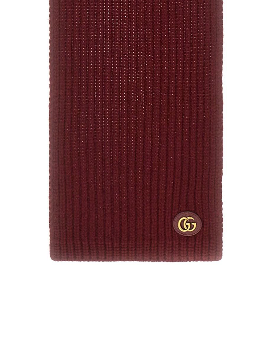 GUCCI SCIARPA IN MAGLIA DI LANA E CASHMERE CON PATCH IN PELLE DOPPIA G Esporta salva