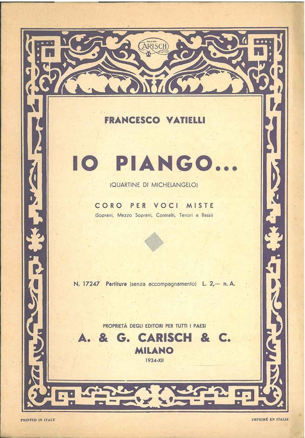 Abebooks Io piango. (Quartine di Michelangelo). Coro per voci miste partitura senza accompagnamento Saldi
