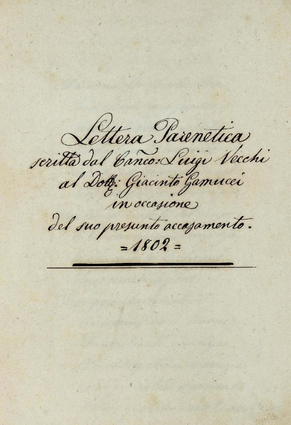 Abebooks Lettera Parenetica scritta dal Can.co: Luigi Vecchi al Dott. Giacinto Gamucci in occasione del suo presunto accasamento Nuovi prodotti