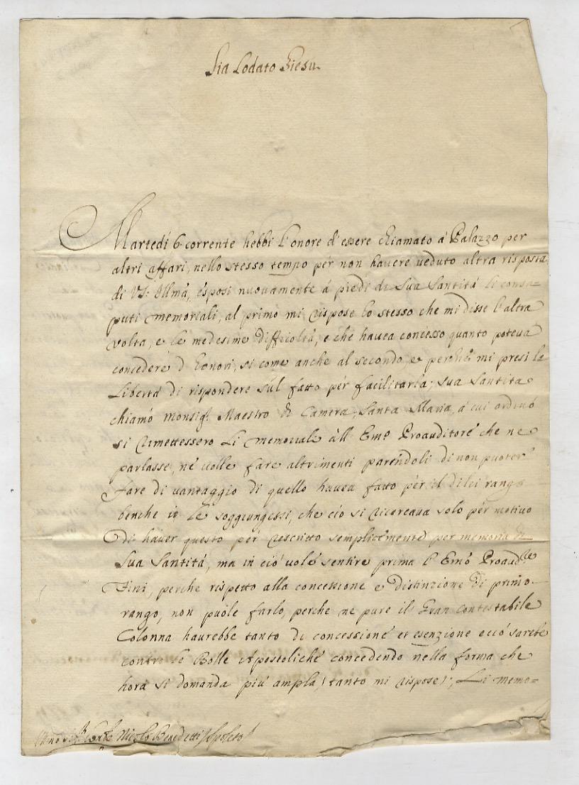 Abebooks Firma autografa in calce a lettera manoscritta stesa su due facciate d'un foglio ripiegato una volta. Indirizzata al conte Niccolò Benedetti a Spoleto; datata Roma 14 Xmbre 1729. "Martedì 6 corrente hebbi l'onore d'es Pezzi Unici