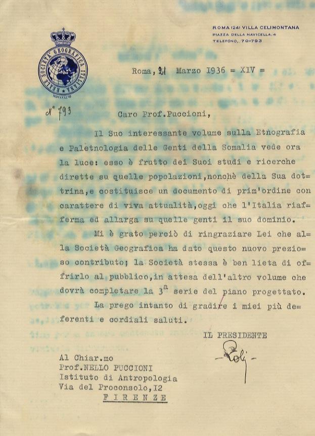 Abebooks Lettera dattiloscritta con firma autografa stesa su una facciata su carta intestata "Reale Società Geografica Italiana" indirizzata all'antropologo fiorentino Nello Puccioni datata: "Roma 21 marzo 1936". Caro prof. Puc Qualità Garantita