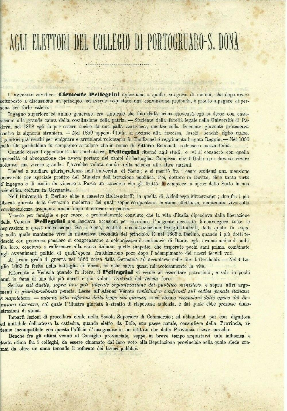 Abebooks Clemente Pellegrini Volantino elettorale Collegio di Portogruaro-S.Donà 1870? Cyber Monday