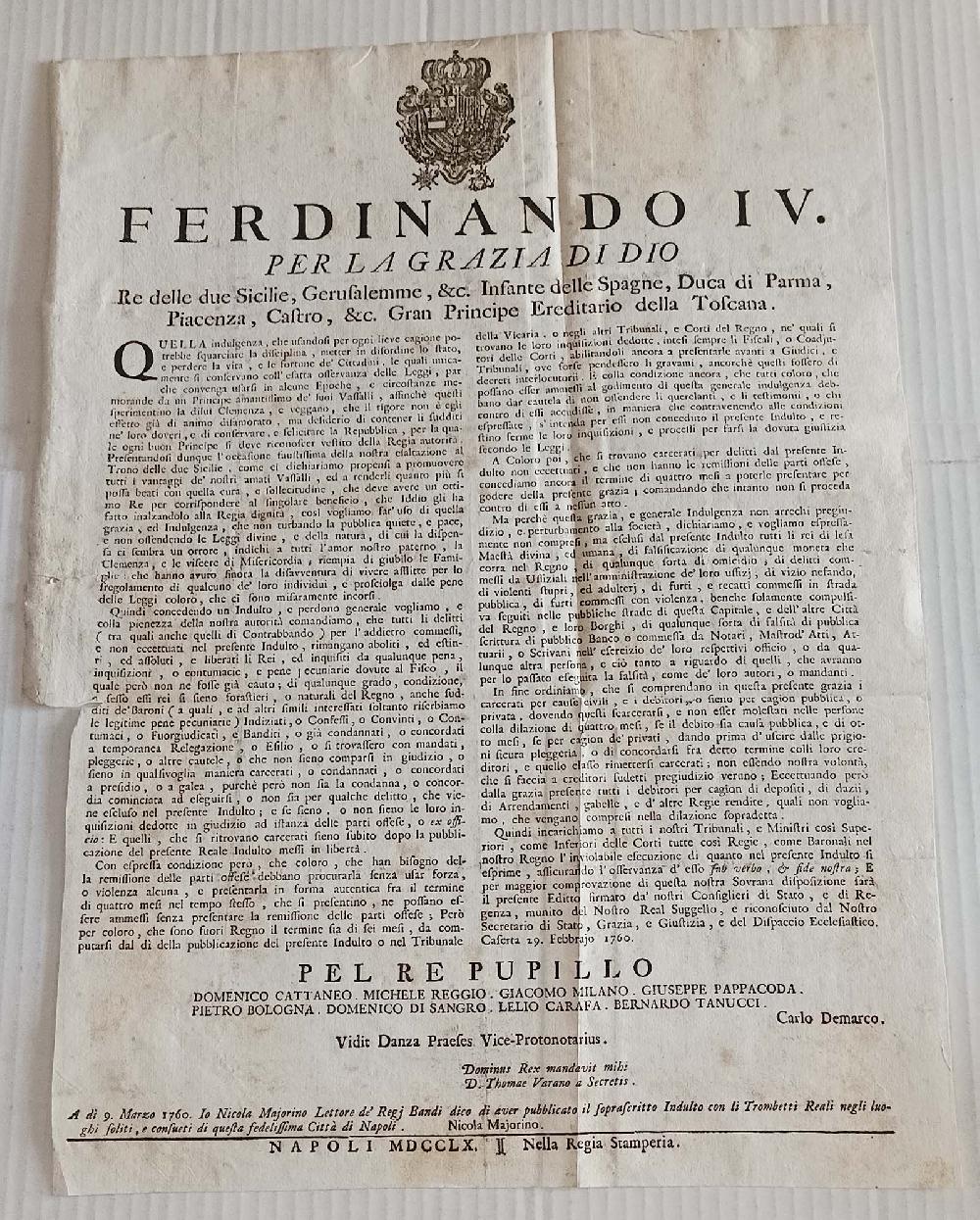 Abebooks Editto 1760 Ferdinandi IV INDULTO delitti contrabbando Regia Stamperia Napoli In Linea