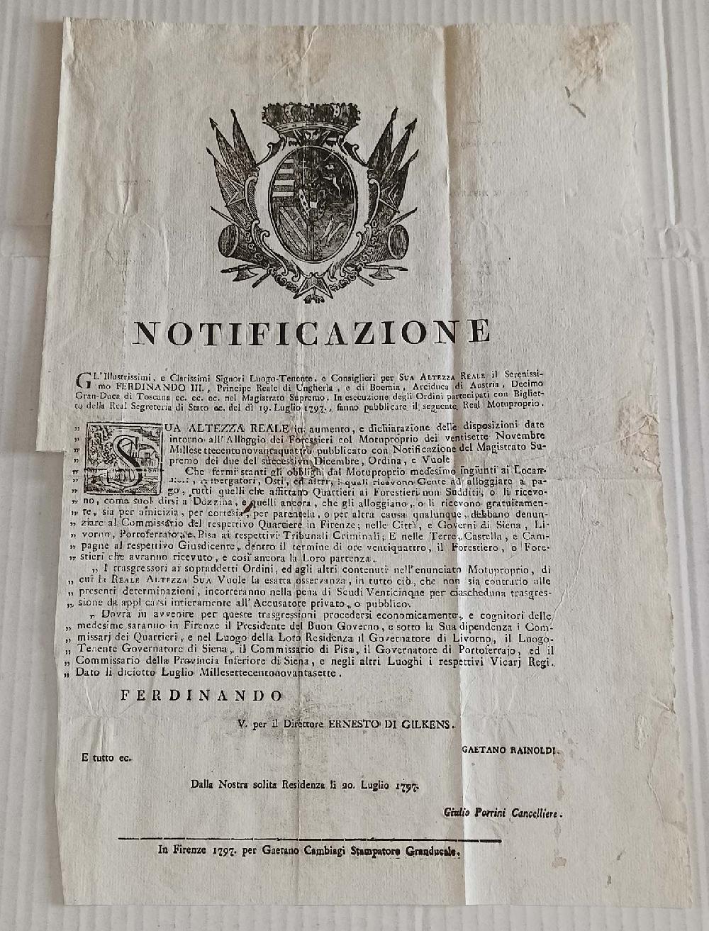 Abebooks NOTIFICAZIONE Disposizioni Alloggio Forestieri Firenze Portoferrario Pisa 1797 Vendita