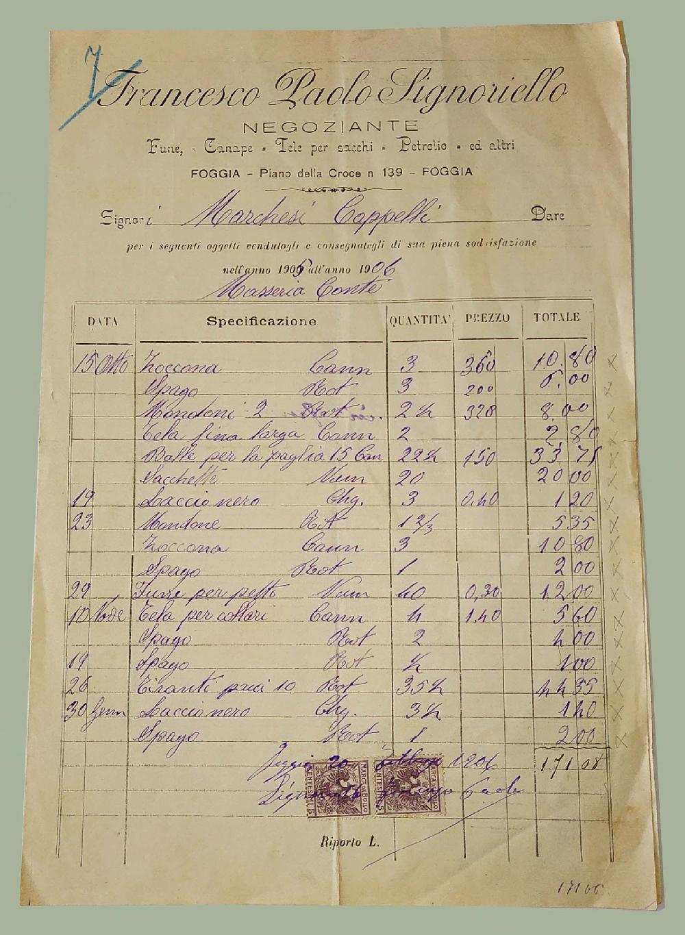 Abebooks Fattura Negoziante Funi Canape Tele Petrolio Foggia 1905 ai Marchesi Cappelli Spedizione Gratuita