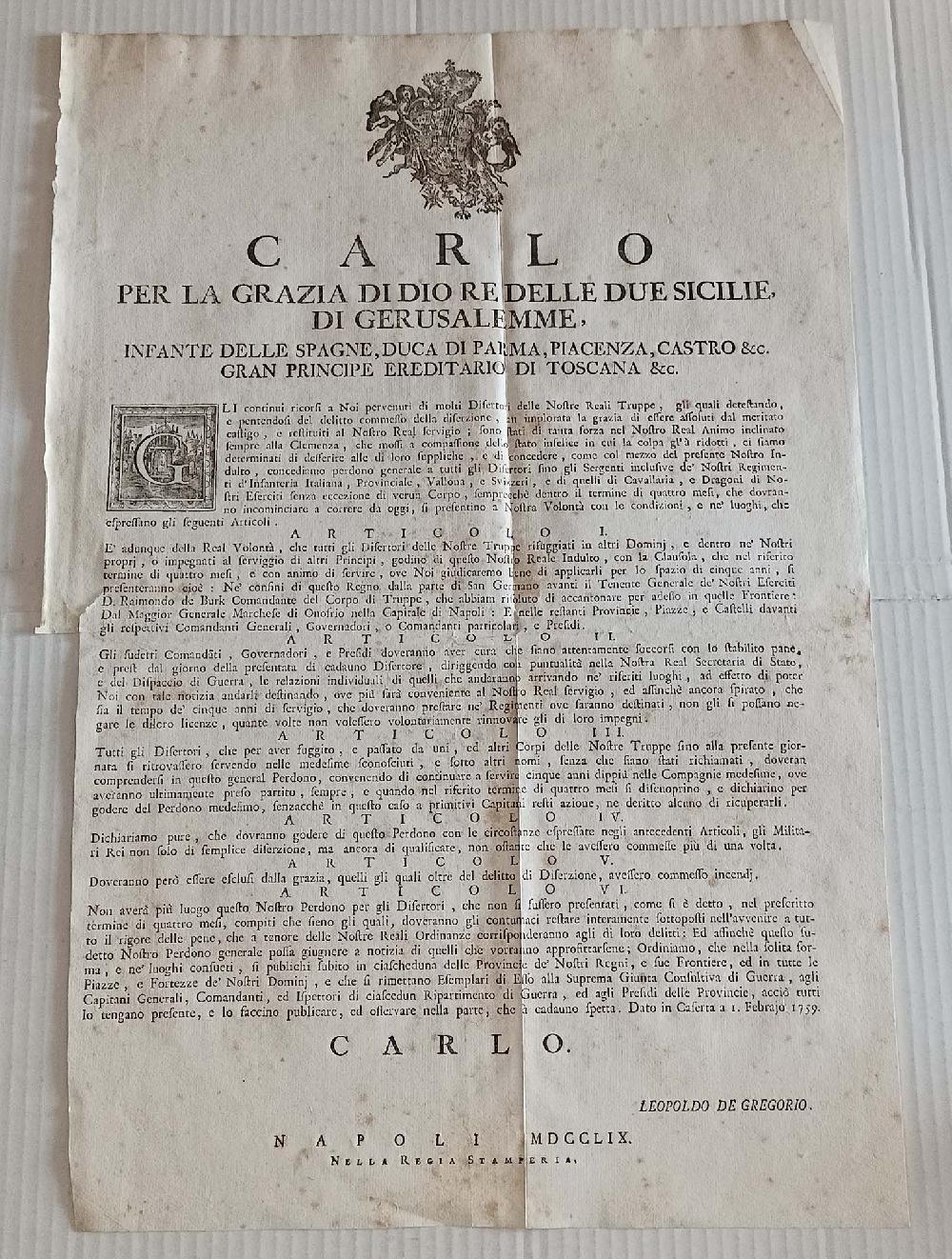 Abebooks Editto Articoli Real Indulto Disertori CARLO Napoli 1759 Napoli Regia Stamperia Negozi Online
